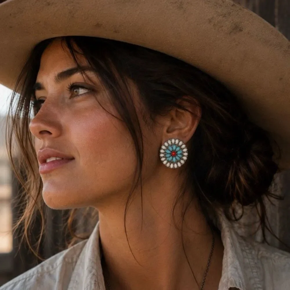 Western Flower Cluster Work Concho Style Earrings, Turquoise Blue White Red